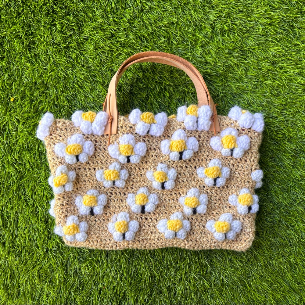 Handmade Crochet Flowers Top Handle Bag Purse